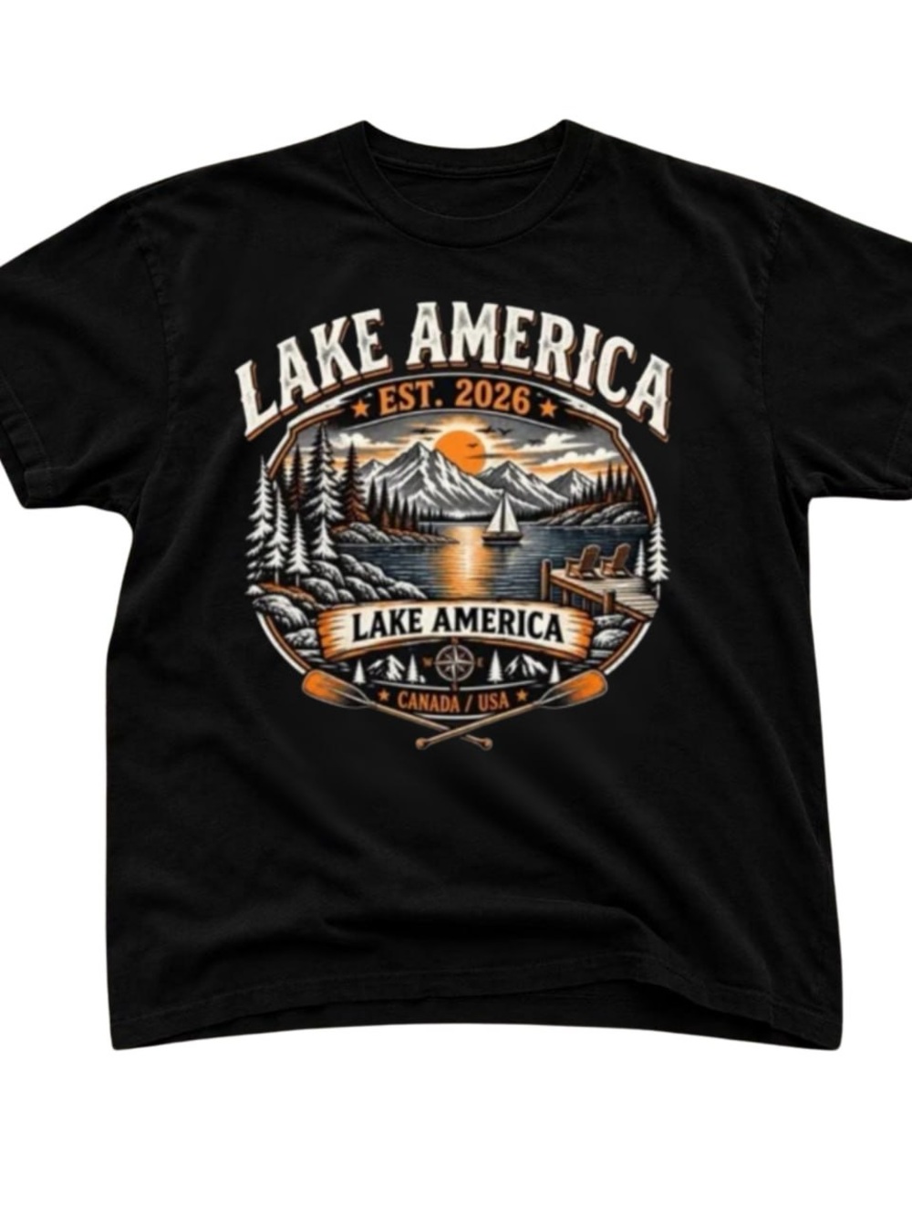 Black Lake America Graphic Tee with Orange Accents
